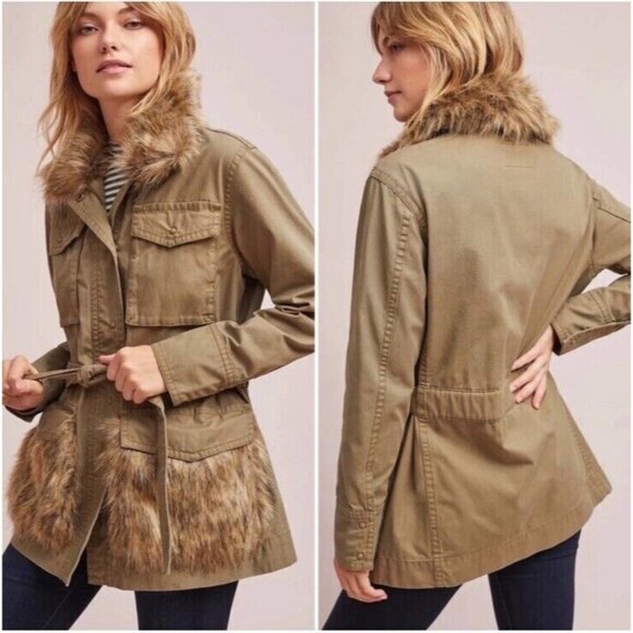 Anthropologie Jackets & Blazers - ANTHROPOLOGIE Faux Fur-Trimmed Field Parka Jacket Size XS Green Retail $188